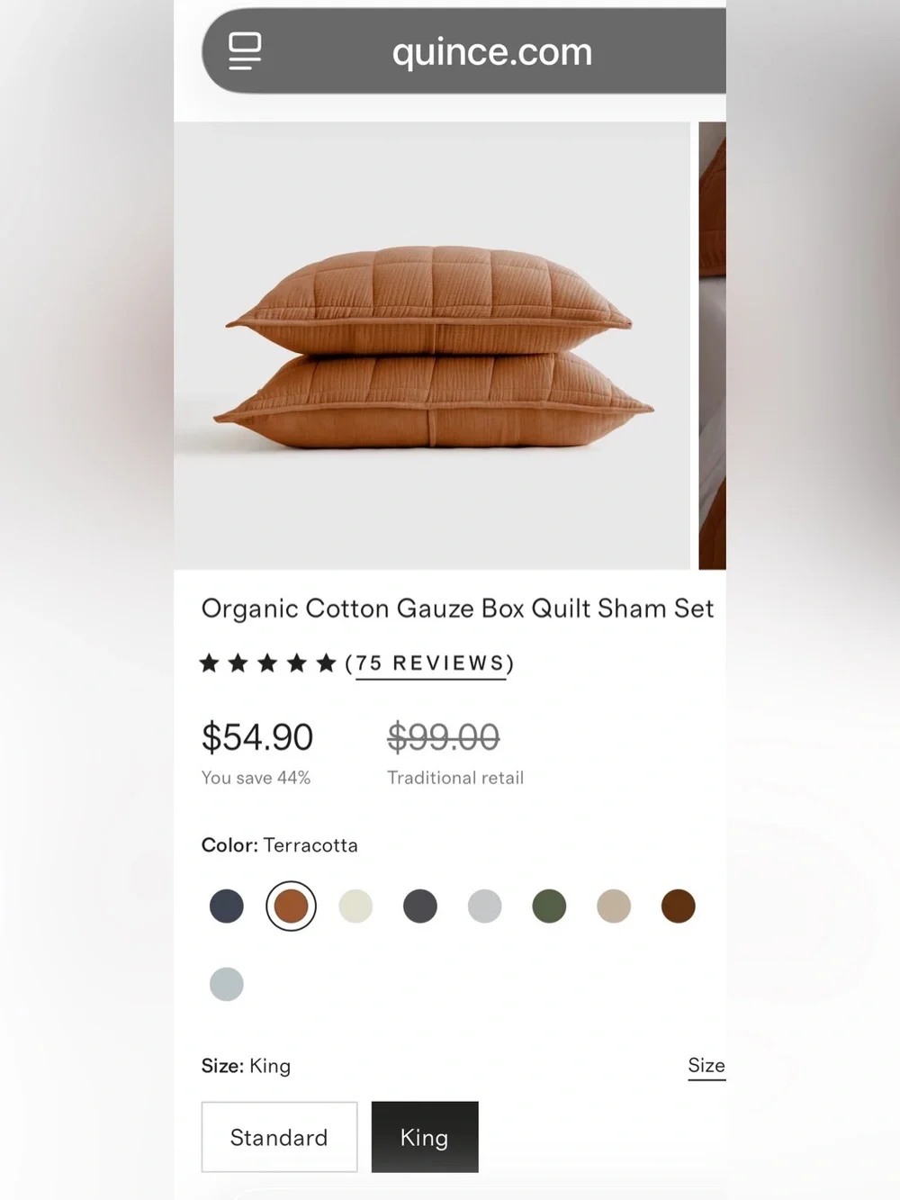 Quince Organic Cotton Gauze Box Quilt Sham Set, King (Terracotta)